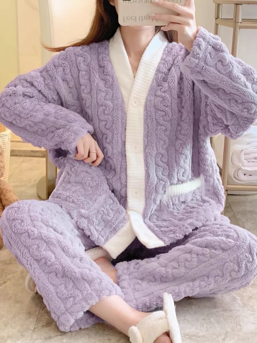 Autumn And Winter 2 Sets Of Maternity Women Sleepwear Homewear Women Thickened Loose Students Coral Velvet Pajamas Homewear