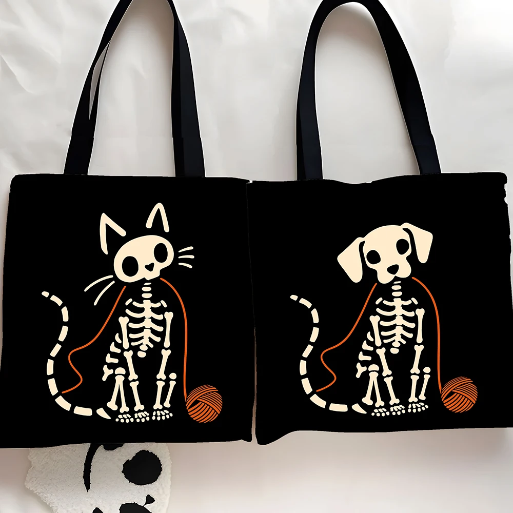 1/2 Pcs Reusable Foldable Grocery Bag, Black Skeleton Cat/Dog Print Shopping Tote with Yarn Ball Pattern, Collapsible Handbag fo - view 4