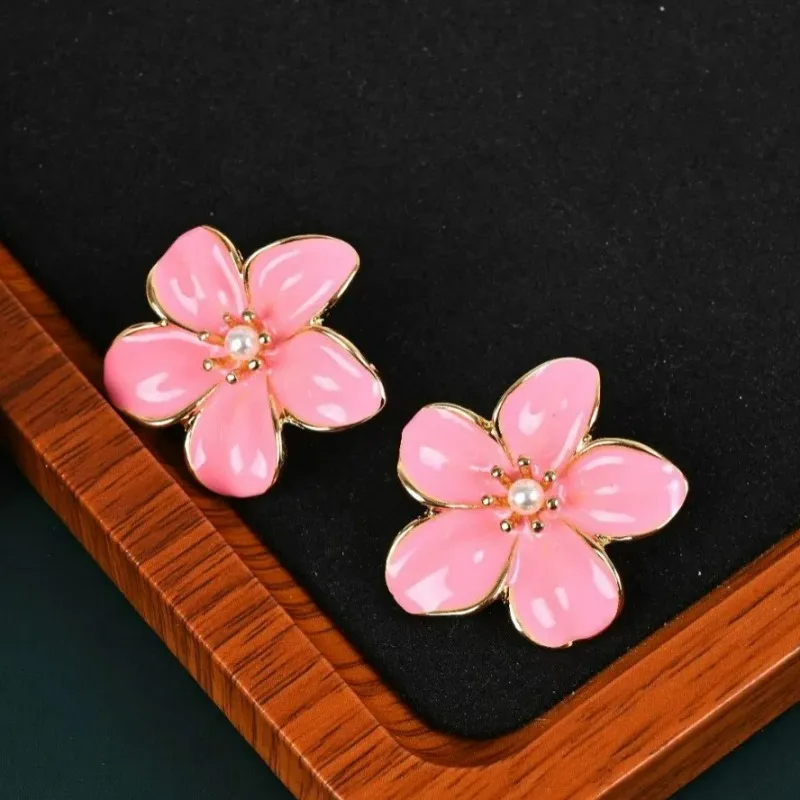 

Spring New Arrival Boho Style Luxury Big Pink Flower Stud Earrings, Handmade Enamel Elegant Camellia Earrings Cute Sweet Jewelry