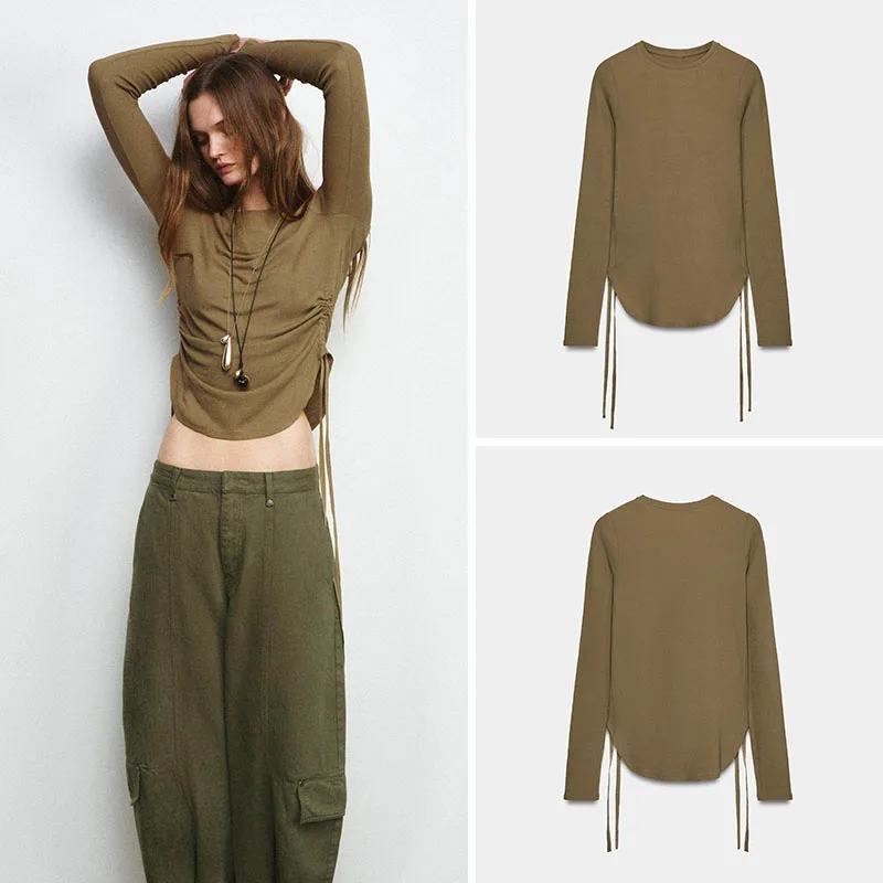 

Spring New Arrival Women's Casual Color Long Sve round Ne Waist-Cinched Holiday Sle T-irt 25-35 Years Old