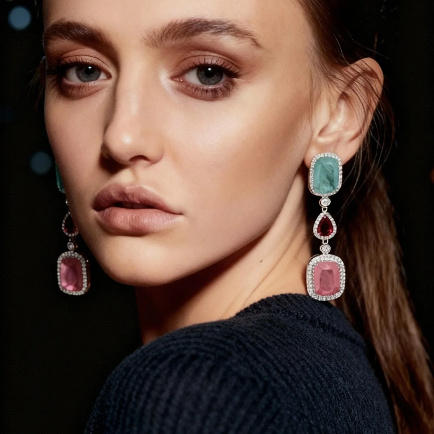 

Girl candy-colored luxury sweet sparkling Geometric Pendant ear jewelry Summer color zircon pendant earrings