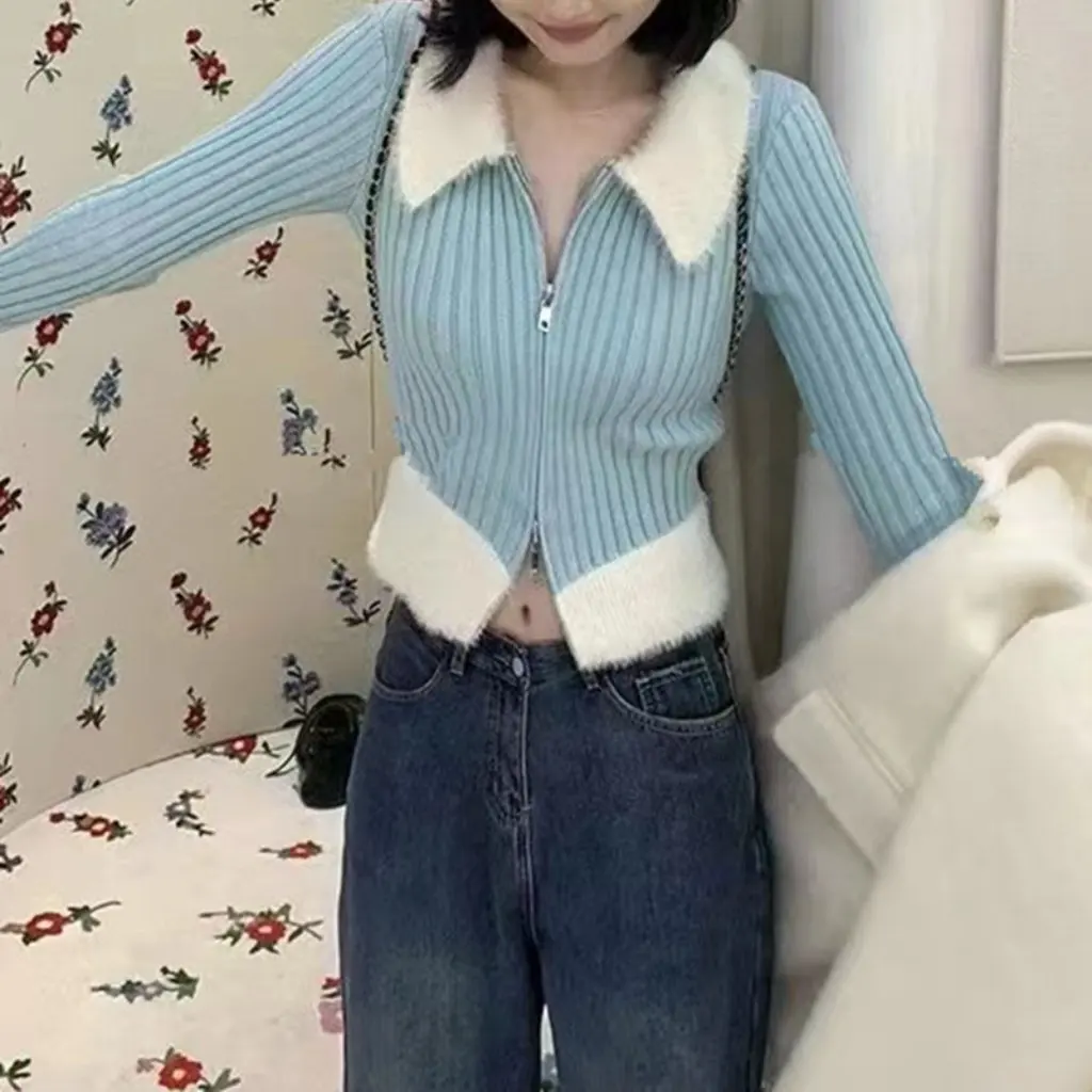 

Blue Patchwork Knit Sweater Women's Slimming Design Zipper Cardigan Fur Collar Short Top Spring New Style