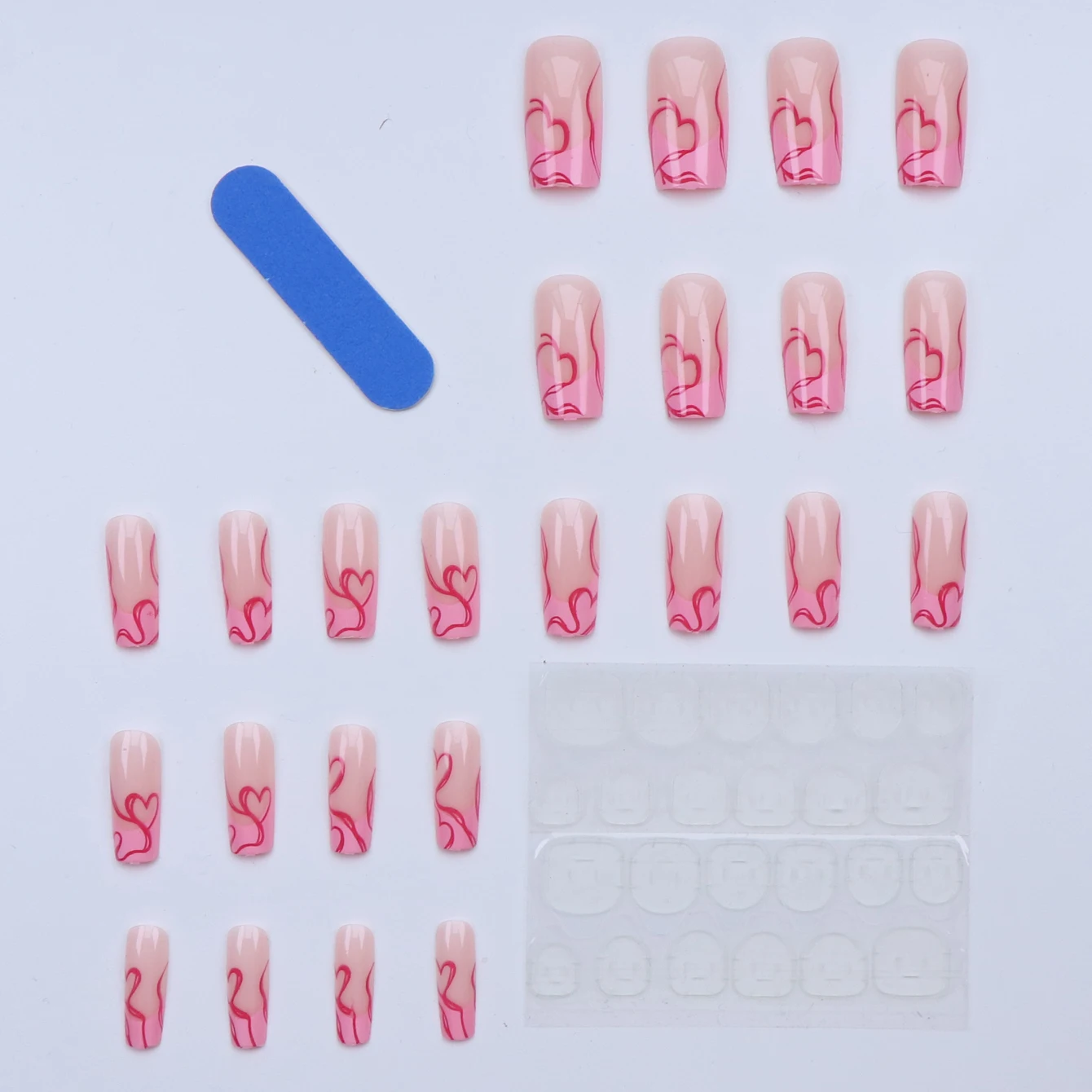 เล็บปลอมสีชมพูแบบฝรั่งเศส 24 ชิ้น ลายเส้นสีแดงกุหลาบ ลายหัวใจ ใช้ซ้ำได้ พร้อมกาวเจล 1 ชิ้น และที่ดันหนังกำพร้า เหมาะสำหรับผู้หญิง