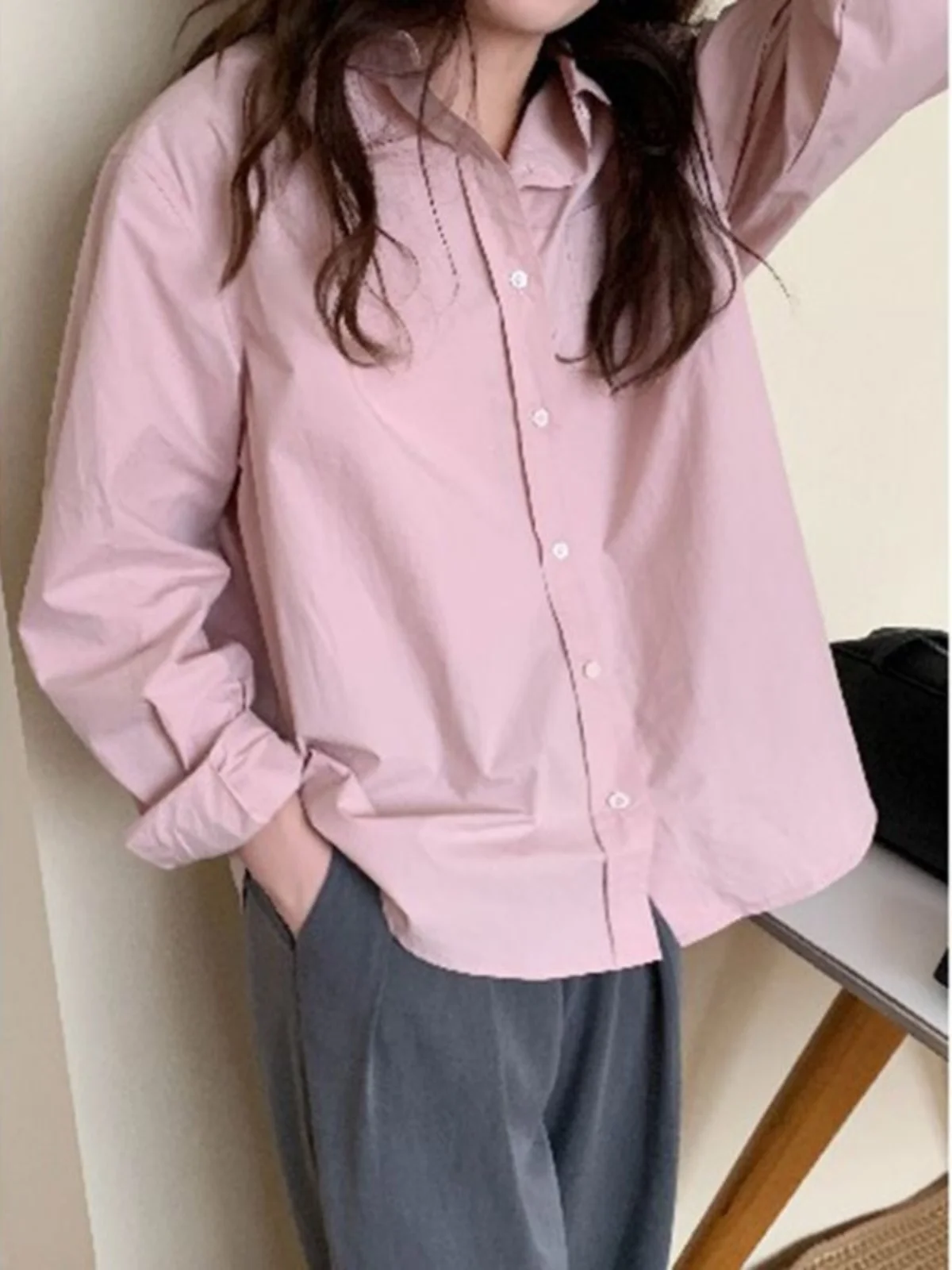 

Loose Pink Women's Shirt Spring Autumn Design Base Layer Long Sleeve Outerwear Simple Top Korean Style round Neck Open Cardigan