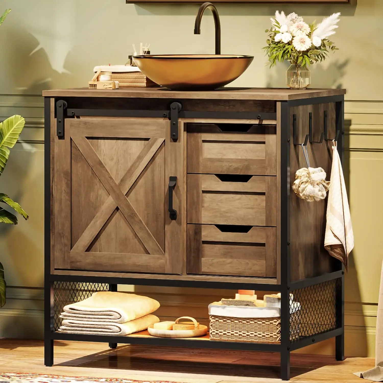 

30'' Farmhouse Bathroom Vanity with Vessel Sink, Bathroom Sink Storage Cabinet with LED Light & Sliding Barn Door, Rustic Brown