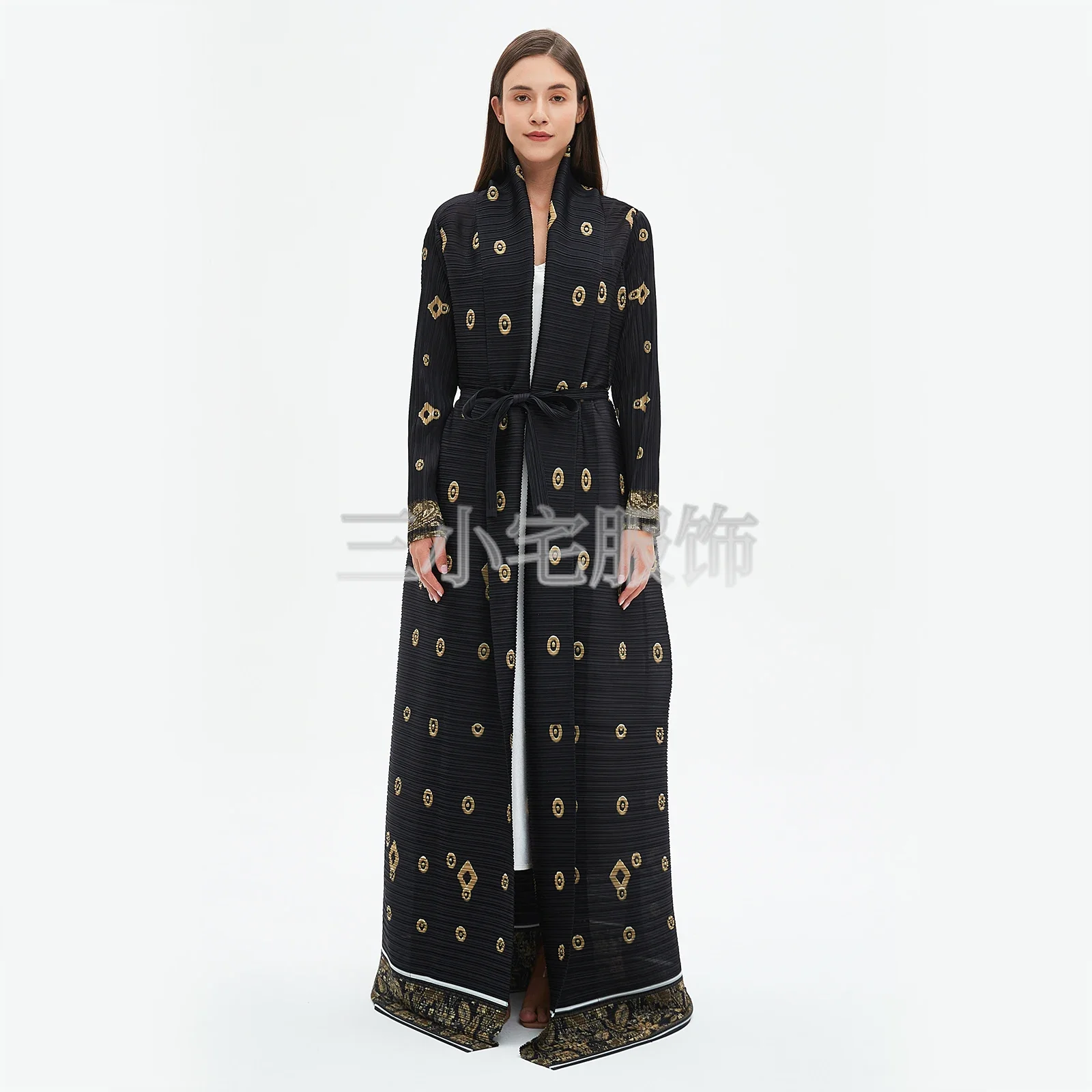 Pleats Pleated Long Sleeve Printed Dress Windbreak Women 2024 Winter New Original Designer Abayas Turndown Collar Belted Coats