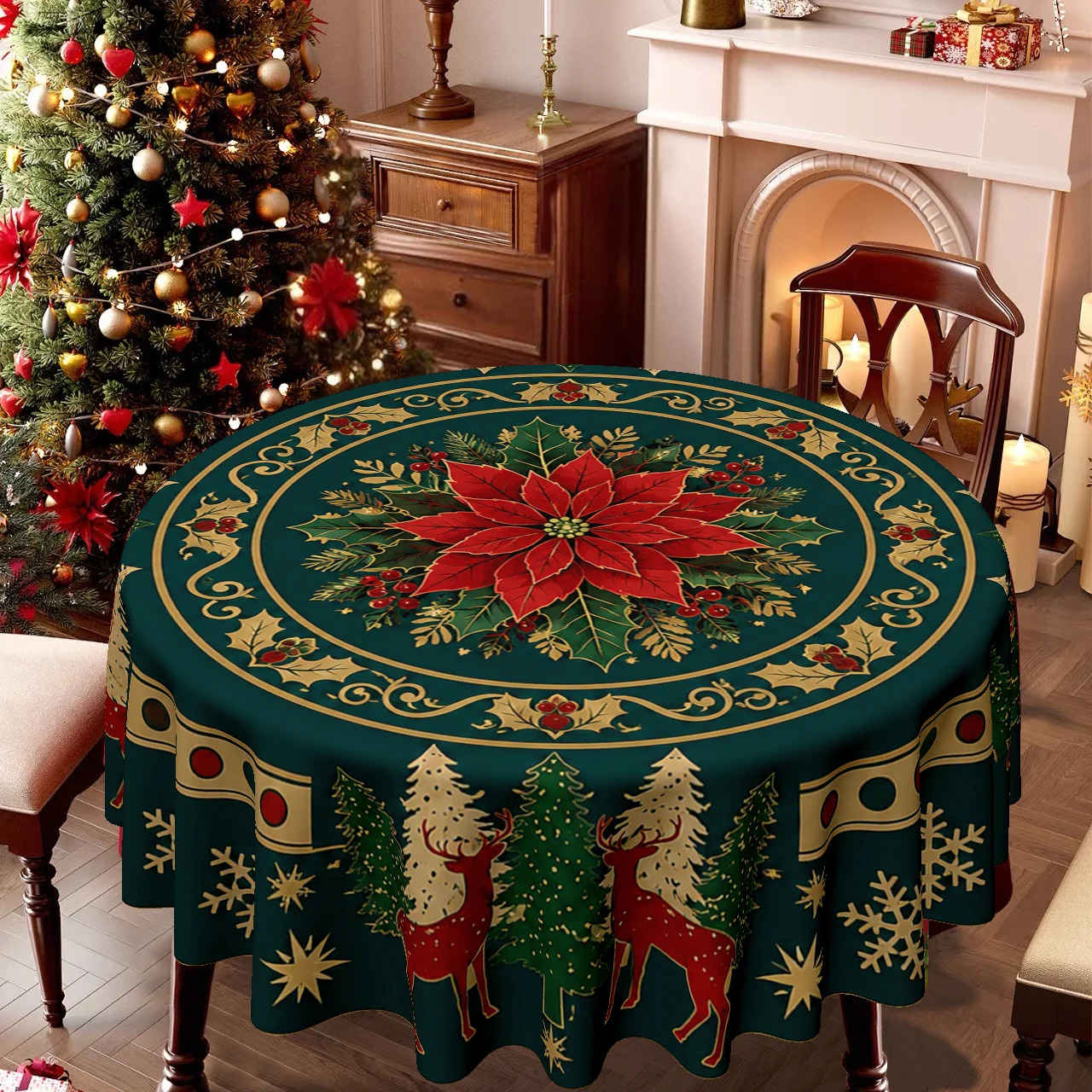 1 tablecloth, Christmas themed, festive Christmas flower, reindeer and snowflake print tablecloth