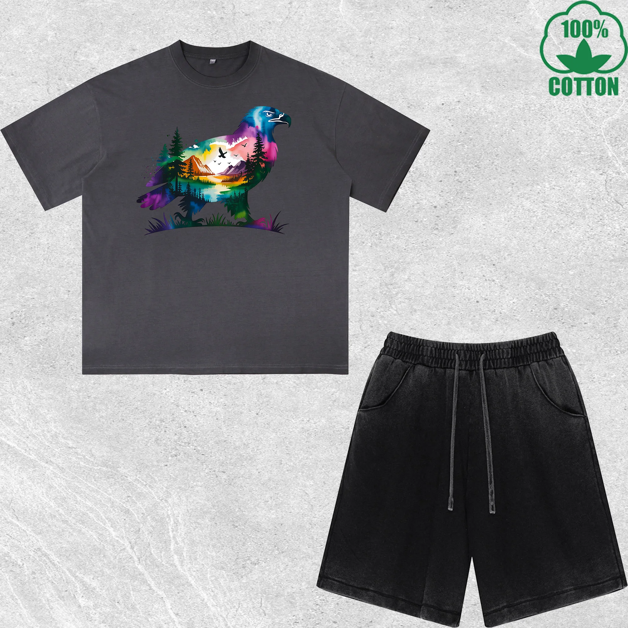 

Colorful Eagle Printed Dirty Wash T-Shirt Shorts Set Multicolor Combo Loose Trendy Fashionable 100%Cotton