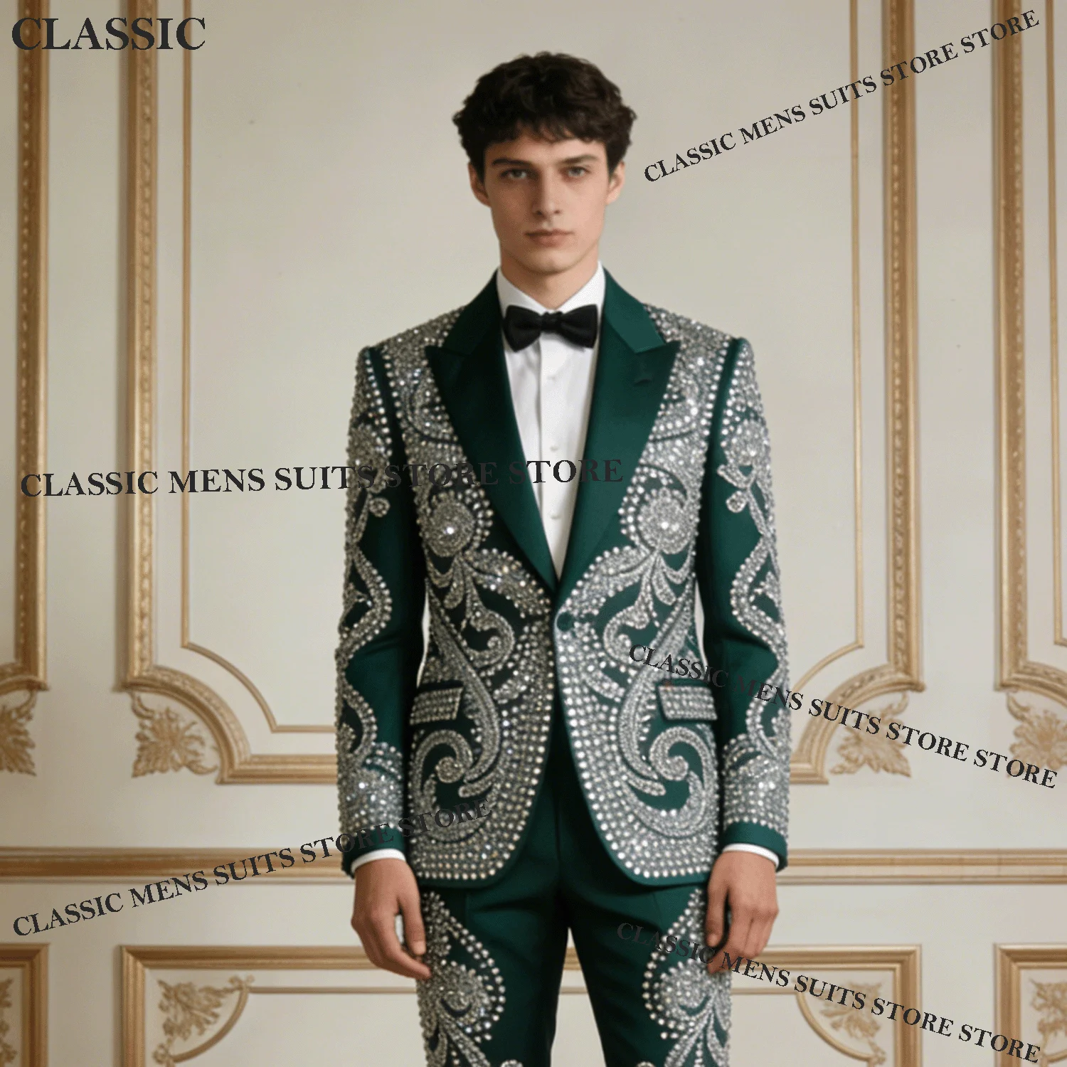 

Wedding Groom Male Metallic Jewelry Ornament Tuxedo Men Suits 2 Piece Sparkly Customized Prom Blazer Slim Party Ternos Completo