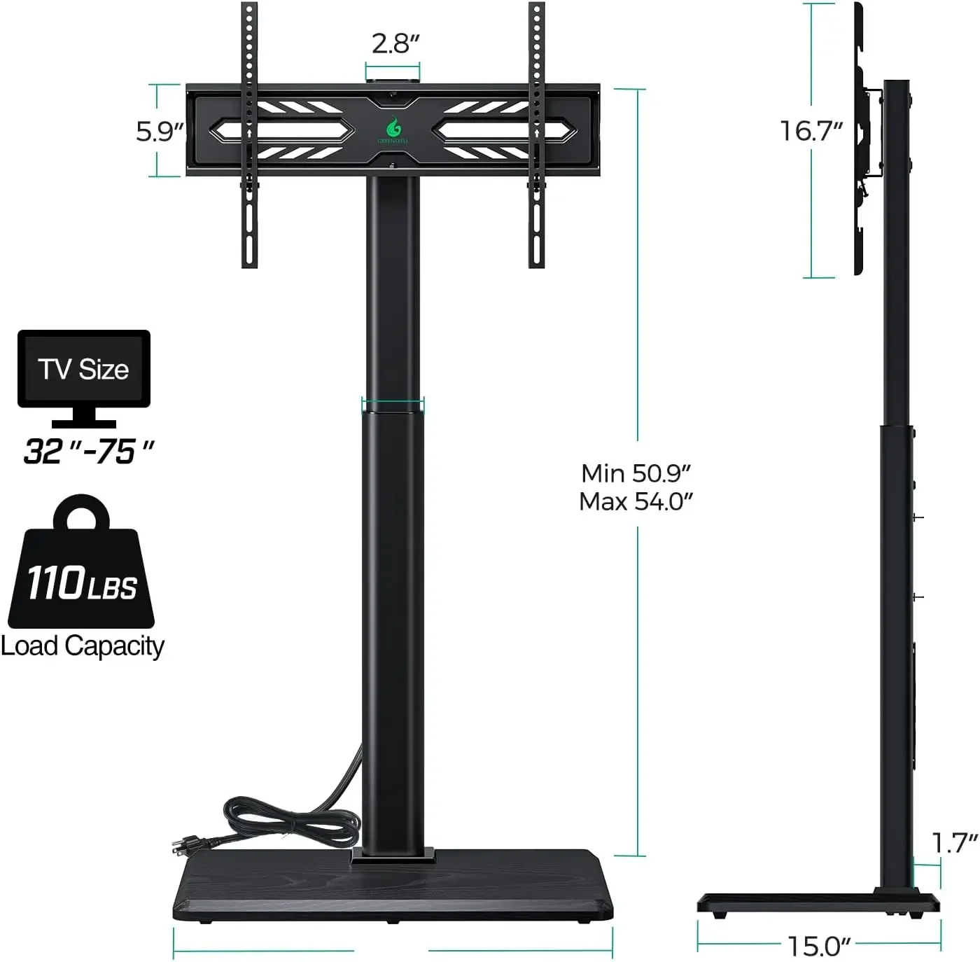 TV Stand with Power Outlet, Universal Floor TV Stand for 32-75 inch TVs, Height Adjustable, Swivel Tall TV Stand with Wood Base