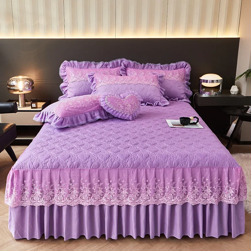 

AI WINSURE-Brushed Bedspread Set with Pillow Case, Queen, King Double Bed Cover, Embroidery Lace Ruffle Bed Skirt, 3-Piece