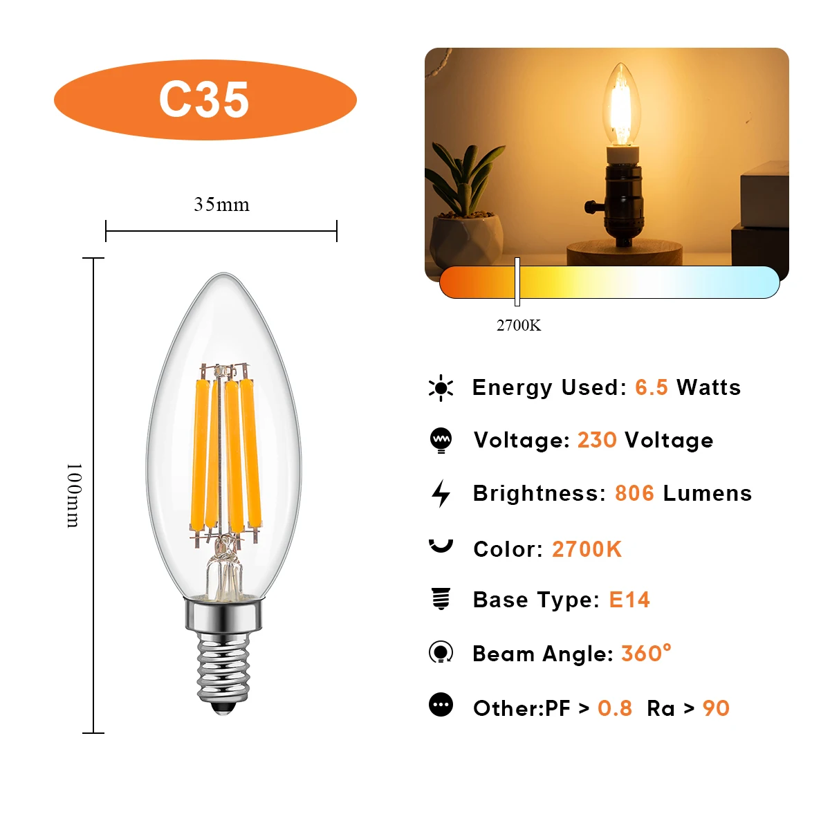 C35 Candle Led Bulb 6.5Watt Dimmable Filament Bulb 806lm 2700k Warm White E14 Candelabra Replacement Bulb For Chandelier Pendant