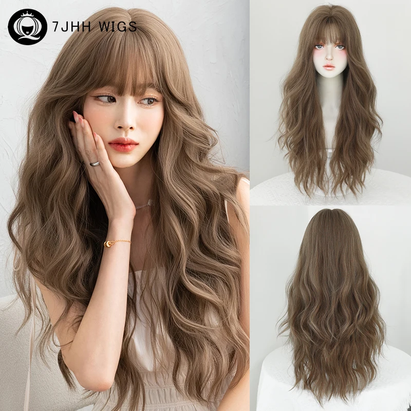 7JHH WIGS Loose Wavy Honey Brown Hair Wig for Women Daily High Density Synthetic Body Wave Brown Wigs with Air Bangs Costume Wig