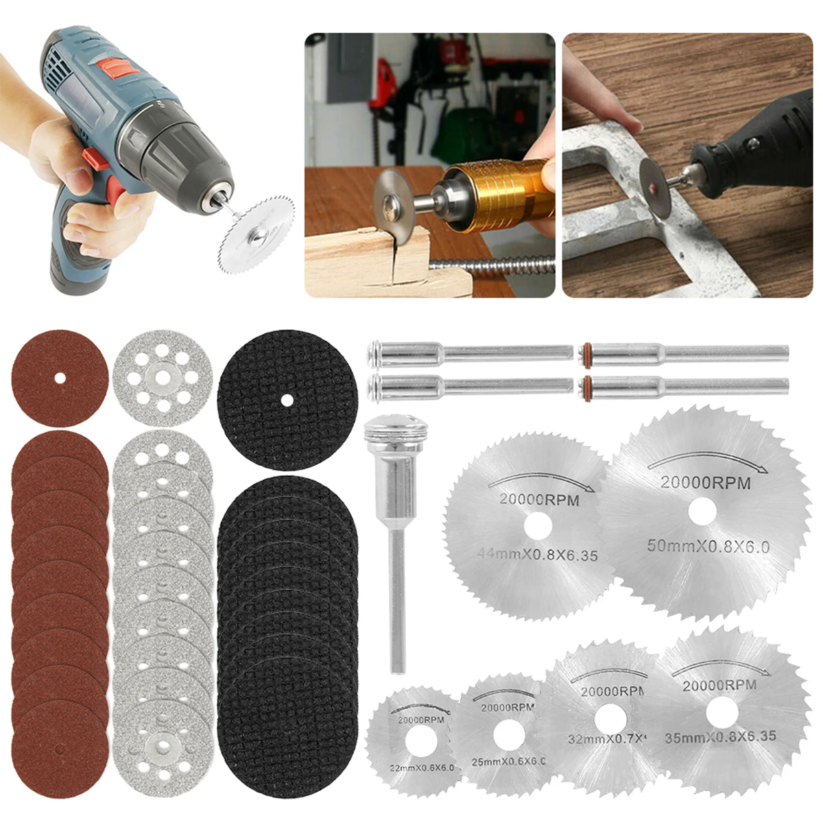 

41 Pcs Universal Cutting Wheel Discs Set HSS/Diamond/Resin Cut Off Circular Saw Blades with 5 Mandrels Rotary Tool Accessories