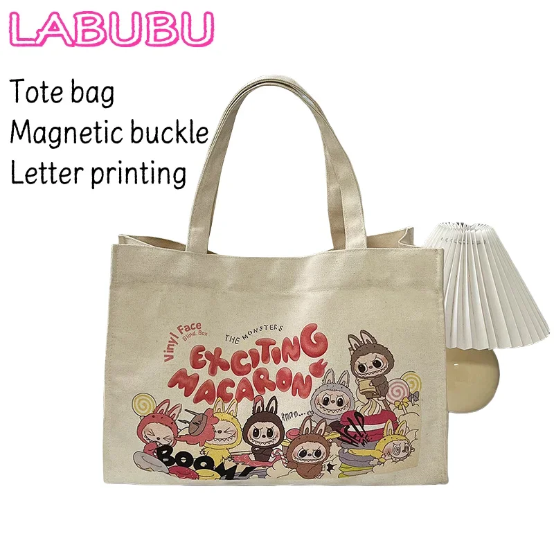 New Cute Labubu Monster Doll Printed Letter Handbag Large Shoulder Bag Women's Canvas Zipper Hidden Commuterhandbagbirthday Gift