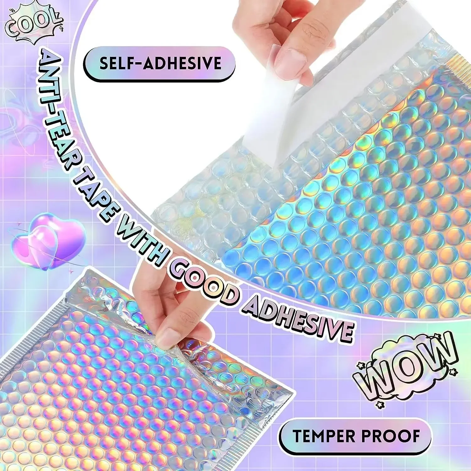 Rainbow colors Envelopes Bubbles 50Pcs Shipping Bags Packages Holographic Mailer Laser Bubble Mailers Self Seal Mailing