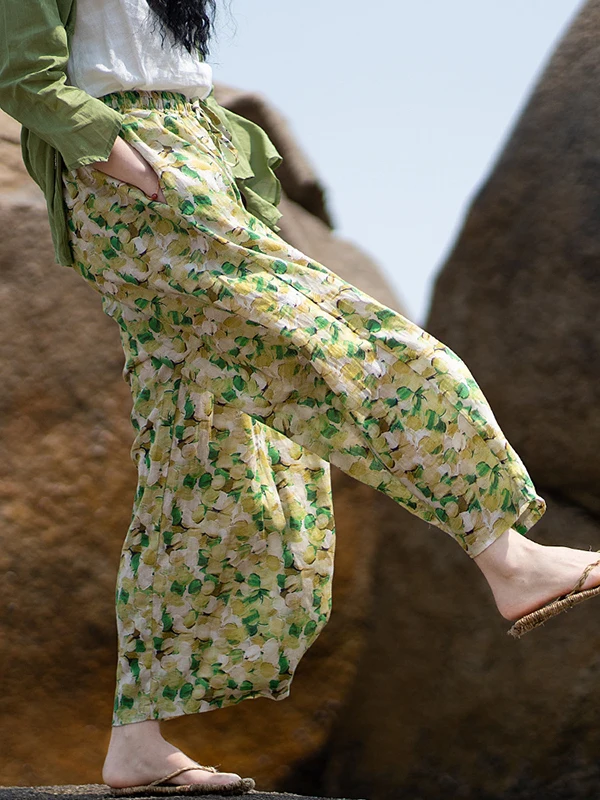 여름 얇은 캐주얼 루즈 와이드 레그 나인 포인트 팬츠 l 허리 통기성 좋은 면 100% 다용도 편안한 레저 트로...