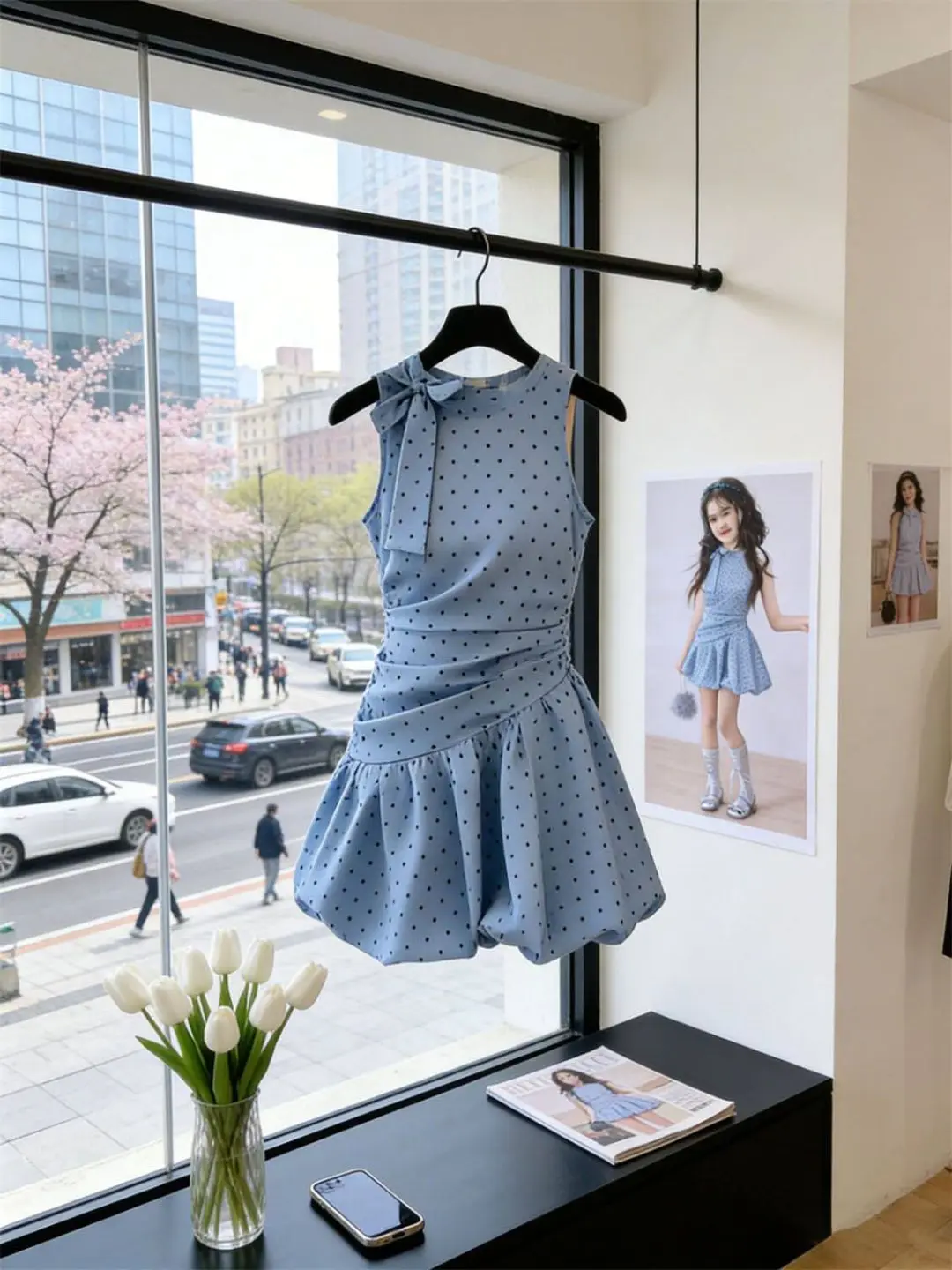 2 4 6 7Y Girls Blue Polka Dot Summer Dress Children's Fashionable Hanging Neck Waist Vest Dress