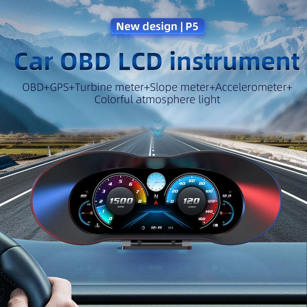 2025 New Model OBD2 Car Gauge P5 LCD Speedometer Head-Up Display with Multi-Function Alarm Slope Meter Clock
