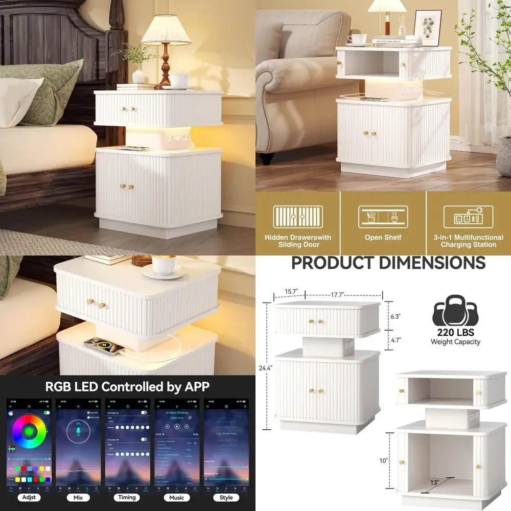 Contemporary 2-Drawer Nightstand with LED Lighting and Charging Port, Sliding Door Design