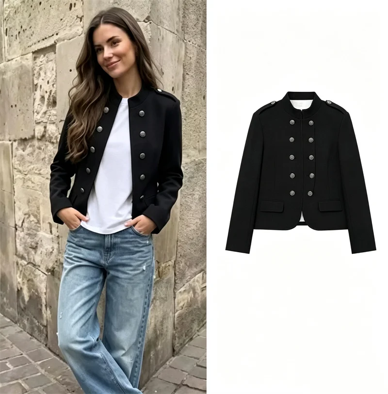 2026 Vintage Military Short Jacket Women Stand Collar Epaulet Button Slim Black Outer Coat