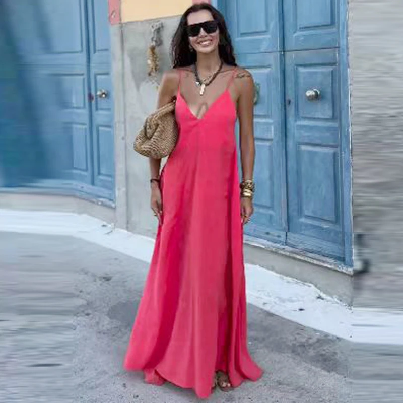 HXAO 2025 Womens Dresses Slip Long Dresses Elegant Green Red Black Dress V-Neck Sleeveless Backless Vestido Casual Women's Dress