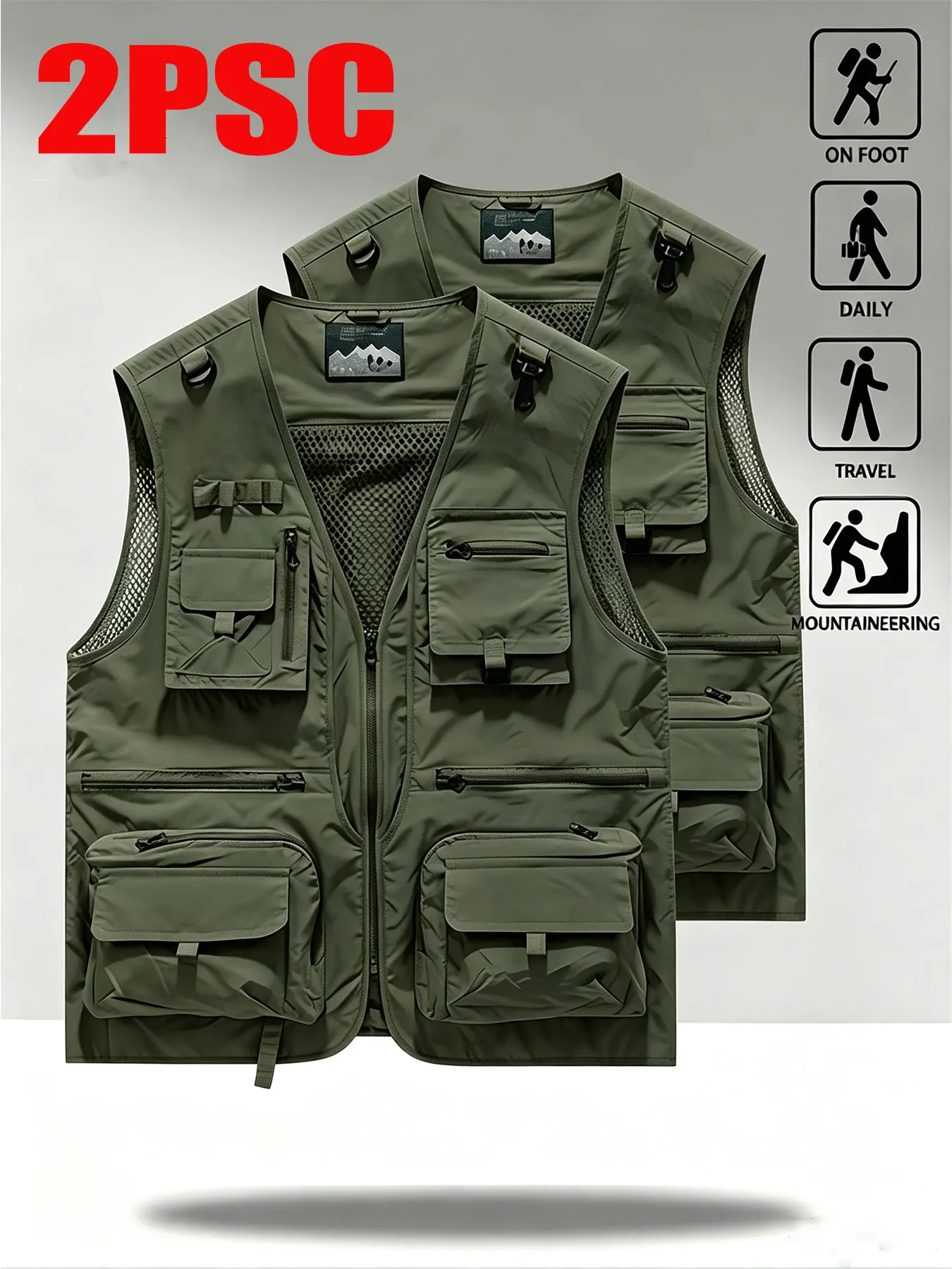 Tanktops für Männer, Unterhemden, Kleidung für Herren zum Angeln, 2er-Pack, Sommermode für Männer, Weste mit Reißverschluss und V-Ausschnitt, Herren- und Damenweste mit mehreren Taschen, Y2k – Detail 2