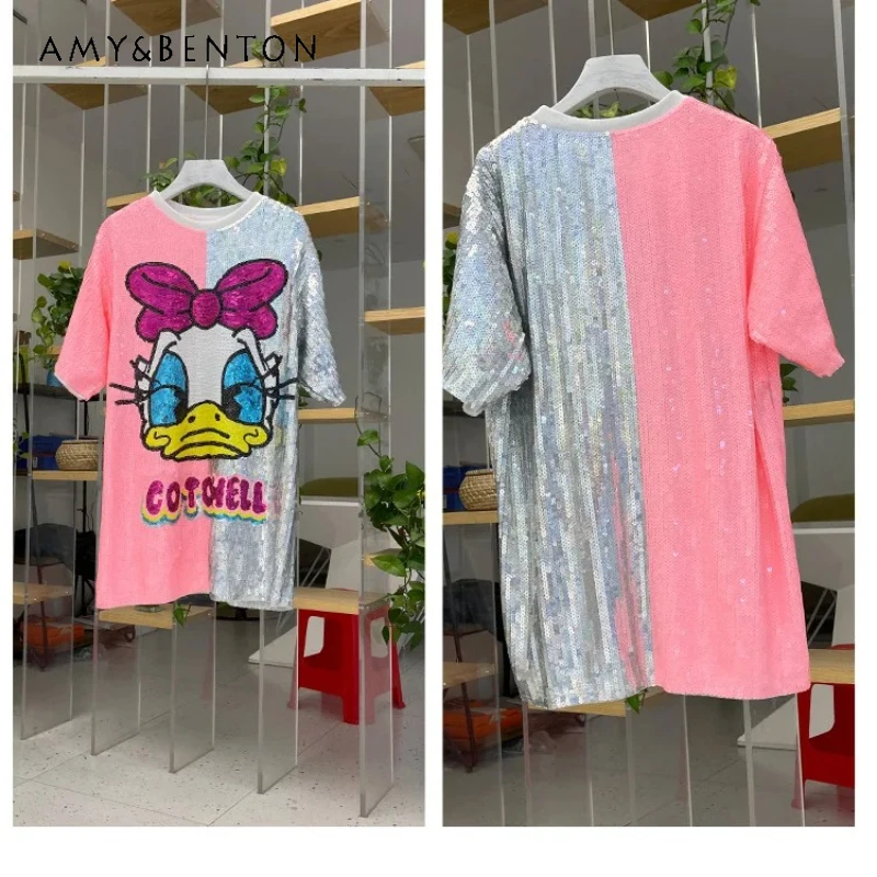 

Fashion Summer New Y2k Cute Sweet Cartoon Sequins Short-sleeved T-shirt Women's Casual Loose O-neck Dress Y2k Top T Shirt Female