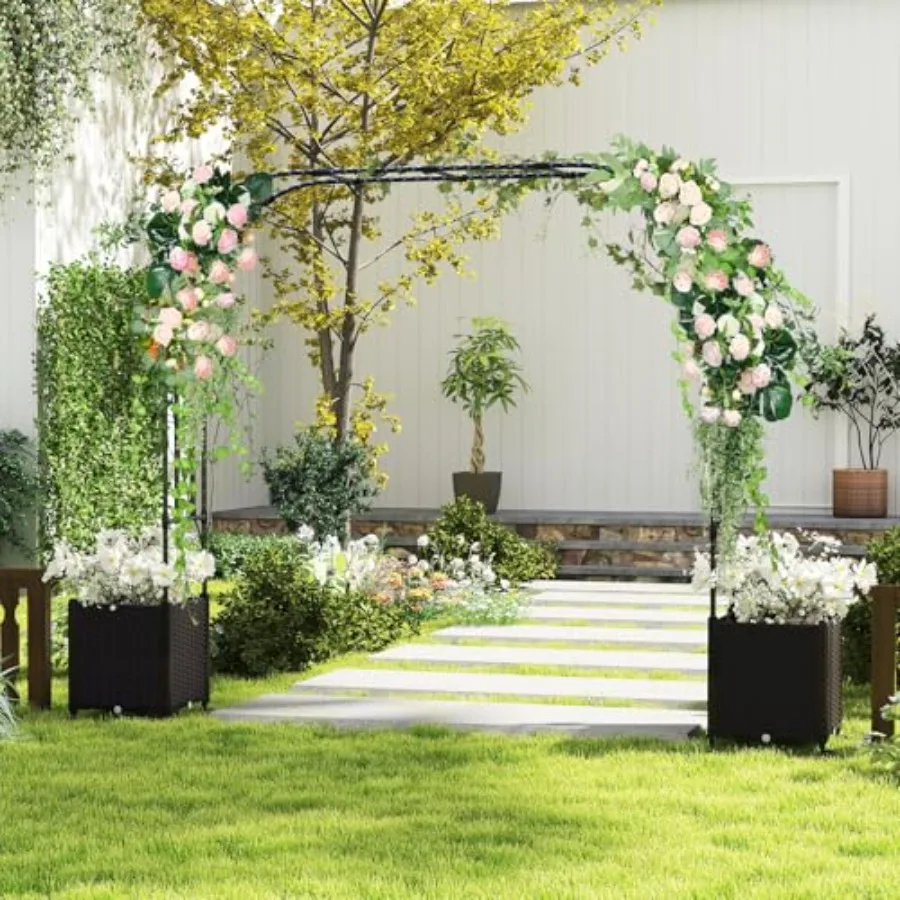 Garden Arch Arbor for Outdoor Wedding Party Lawn Backyard, Metal, Black, Self-Watering Planter Boxes Lockable Wheels