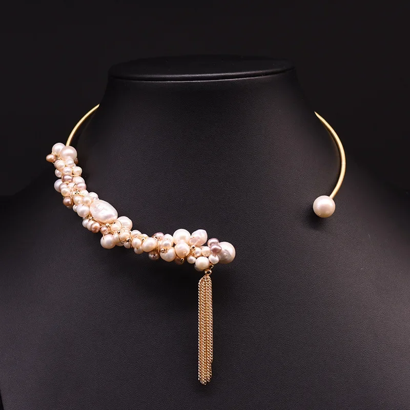 Natural Baroque freshwater pearl collar light luxury elegant handmade rhinestone fringe necklace fashion women wedding jewelry