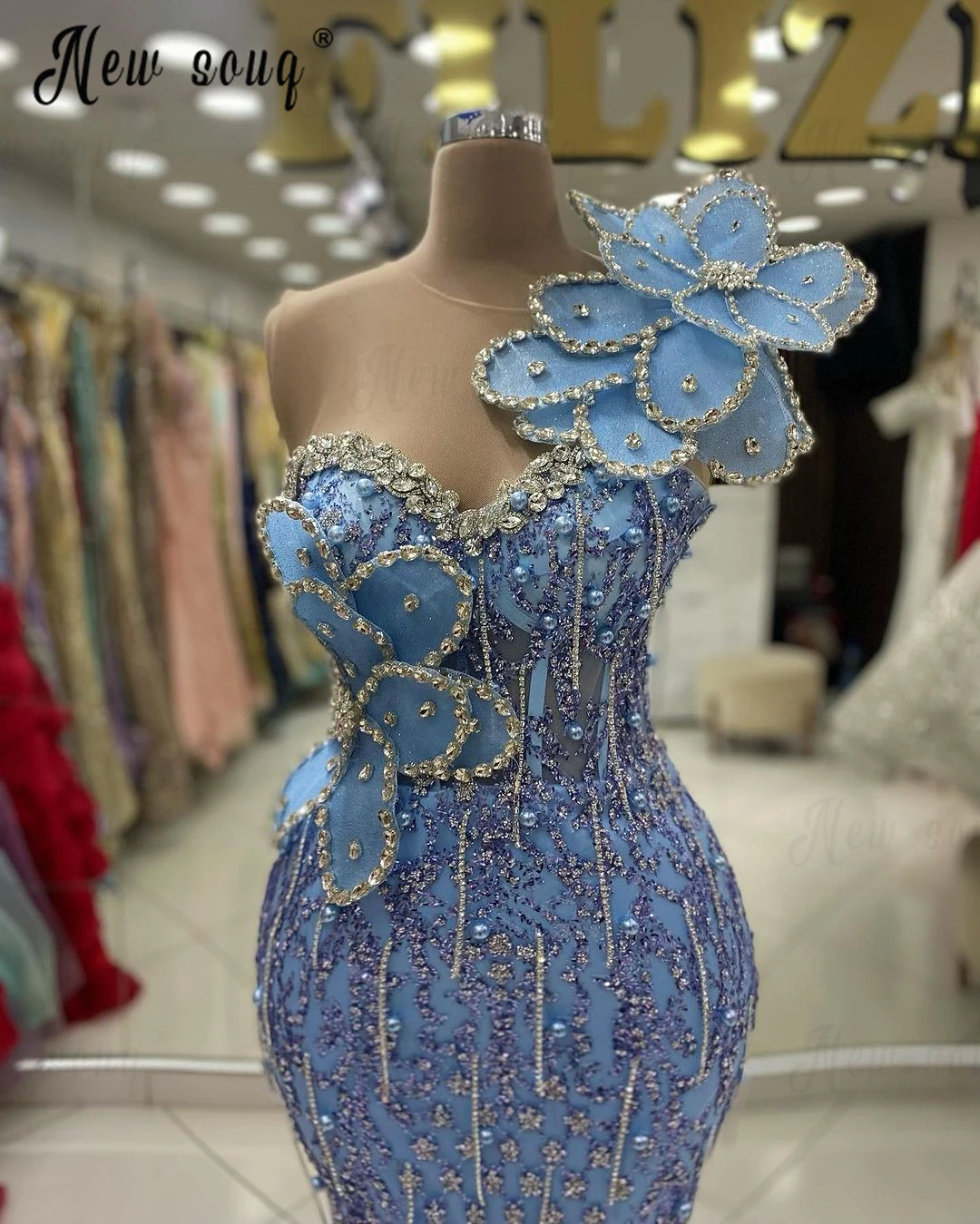 Sky Blue Party Dress 3D Beading Lace Appliqued Formal Prom Dresses Pink Mermaid Wedding Dress Arabic 프롬드레스  فستان حفلات الزفاف