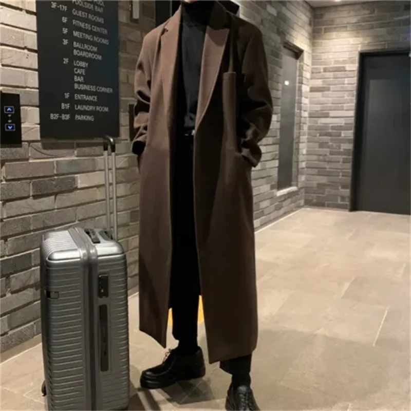 Woolen Coat Male Autumn/Winter 2022 New Woolen Coat Extended Over the Knee Handsome Trench Coat Korean Cashmere Coat Solid Color