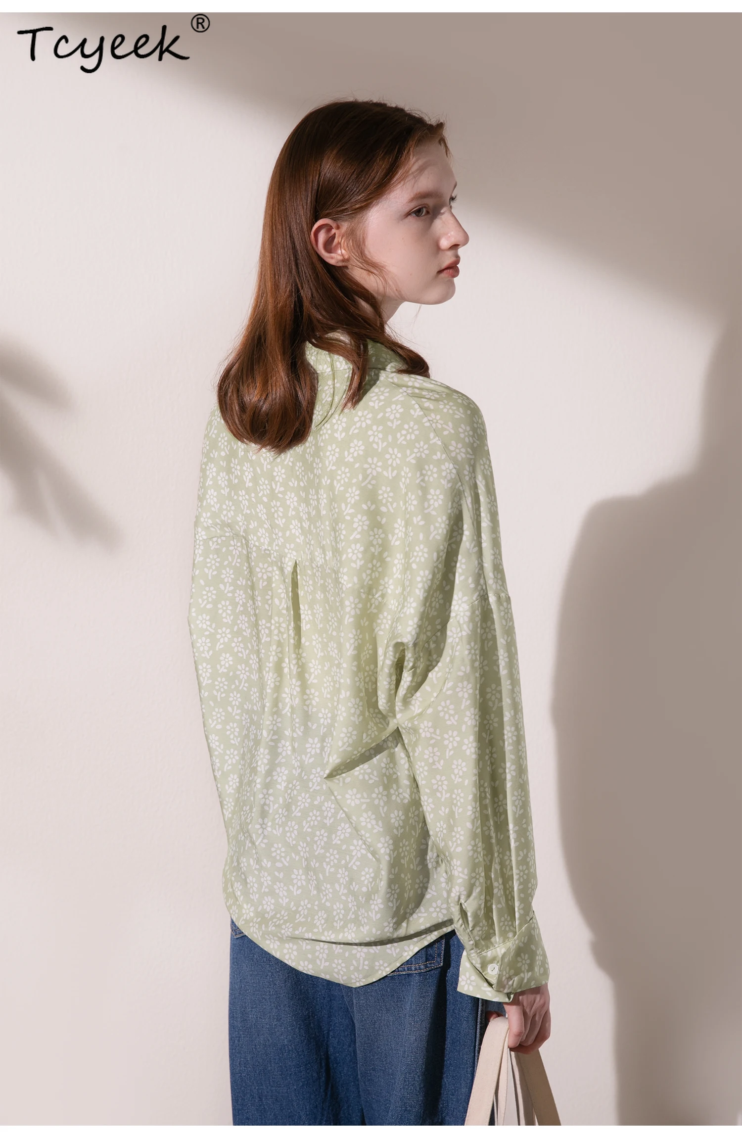 Tcyeek, Elegancka koszula z 30% naturalnego jedwabiu, damska koszula z długim rękawem i kwiatowym kołnierzykiem, luźna bluzka w stylu retro, lato 2024, jesień T47104QM