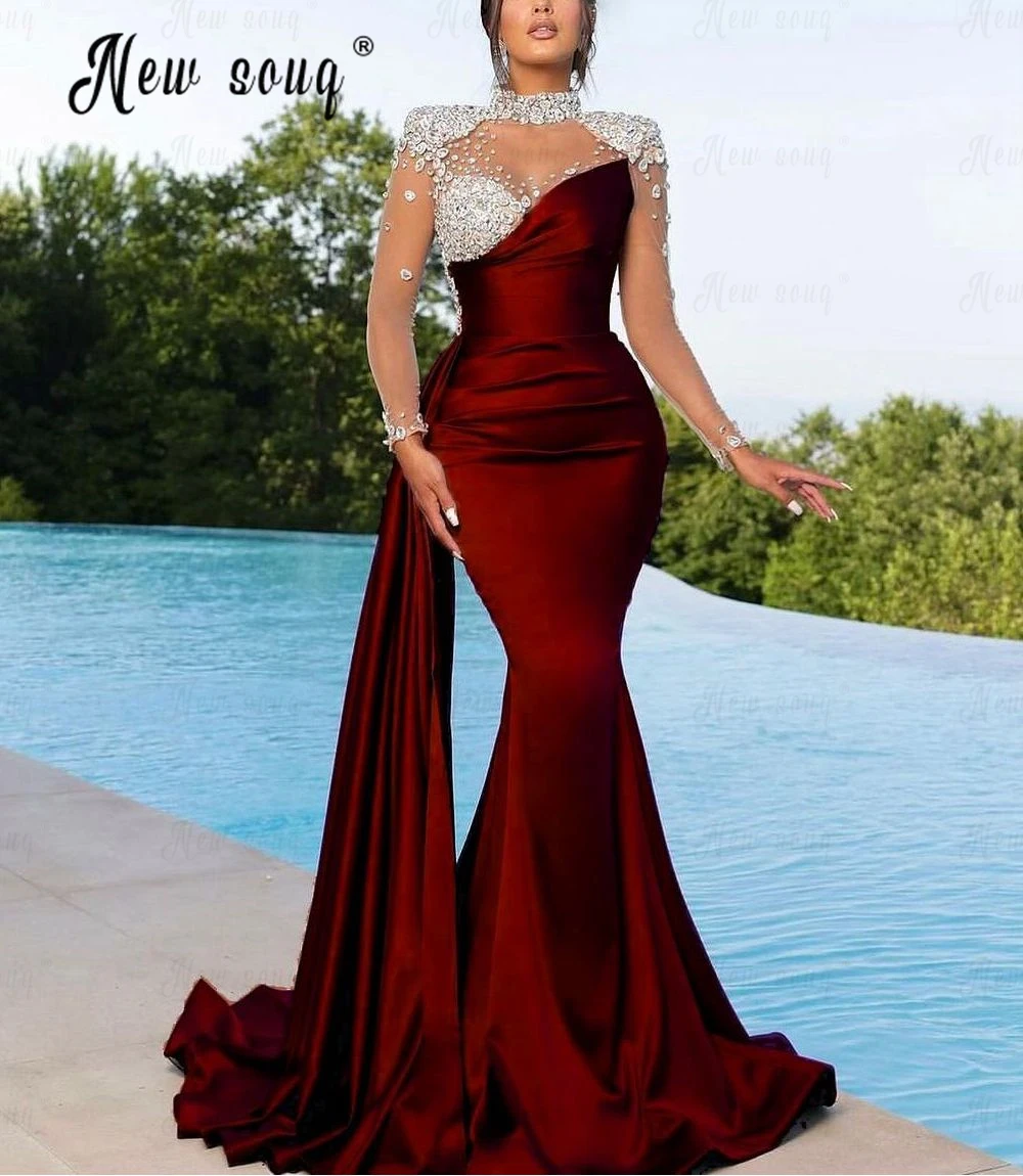 

Elegant Burgundy Side Train Evening Dress Sheer High Neck Mermaid Formal Prom Gowns Dubai Celebrity Dresses Vestido De Noiva