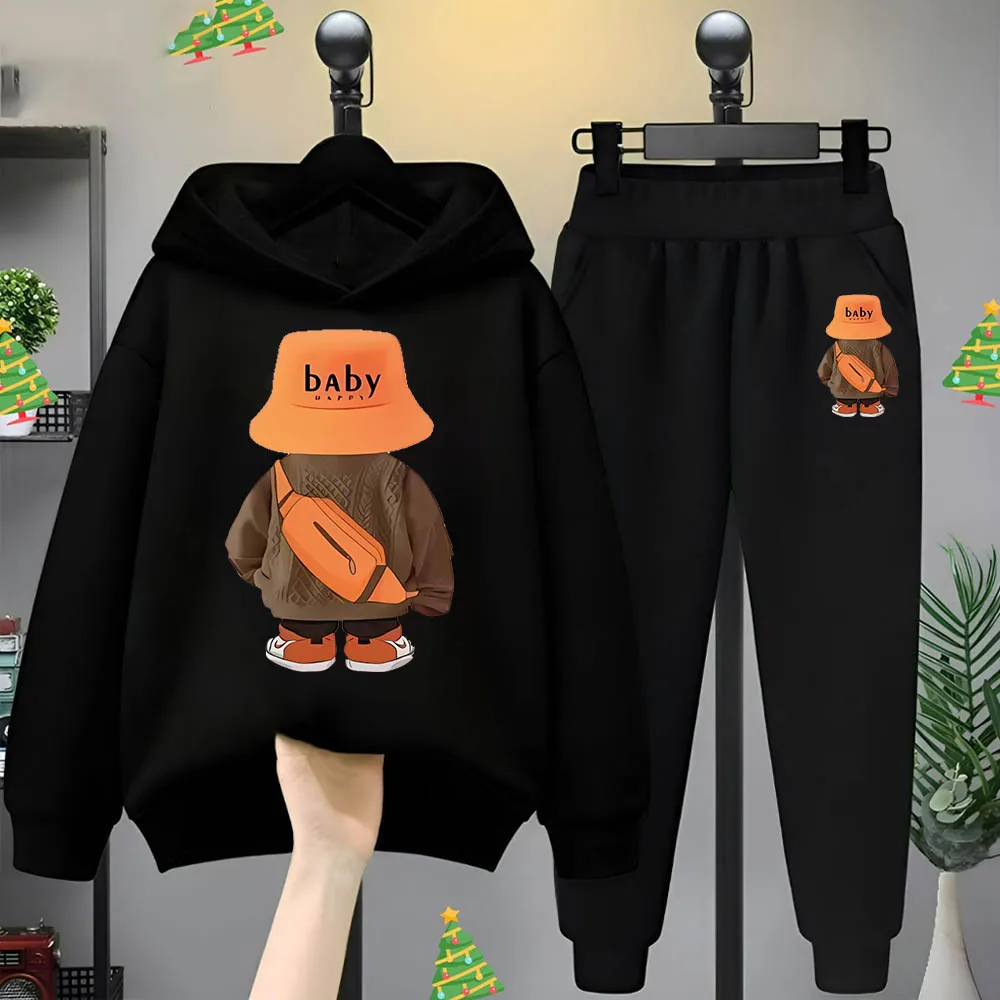 Orange fisherman hat Bear boys and girls children long-sleeved hooded hoodie spring and autumn leisure fashion baby clothes set