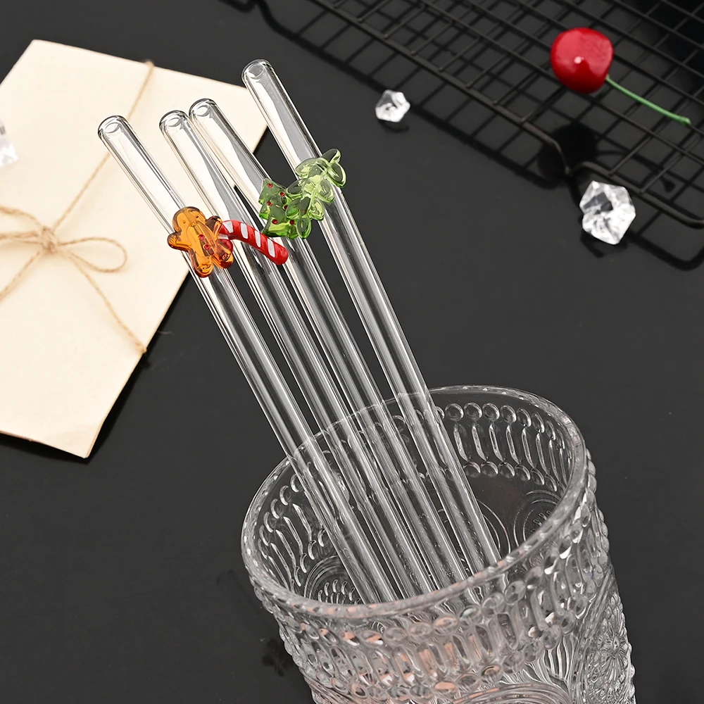 عيد الميلاد قابلة لإعادة الاستخدام عالية البورسليكات الزجاج شفاطات للشرب عازمة القش مجموعة مع فرشاة الحليب هزة القهوة كوكتيل القش بار