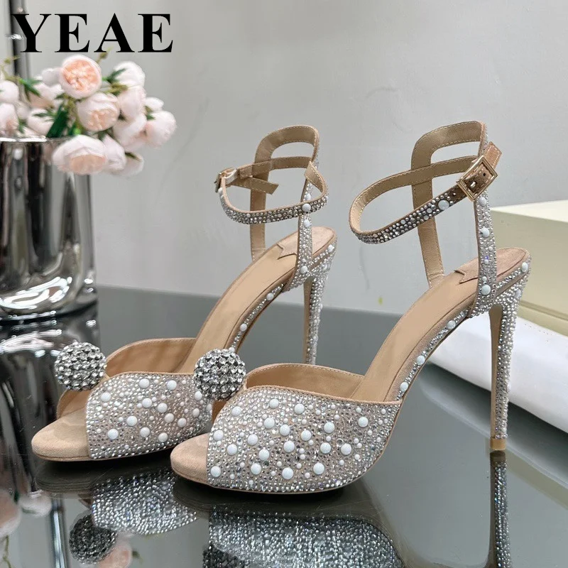 Fashion Crystal Rhinestone Prom Women Sandals Sexy Pointed Toe High Heels Pumps Design Wedding Shoes Ladies Ankle Strap Sandals