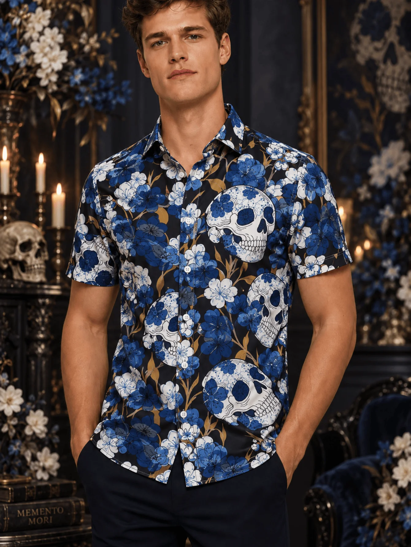 Mens short sleeve shirt creative skull flower random print retro artistic comfy breathable travel party outdoor daily wear