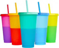 Plastic Cute Cold Cups with Lids and Straws Pack of 2 for Iced Coffee 24 oz Color Changing Reusable for Adults Kid Women Party