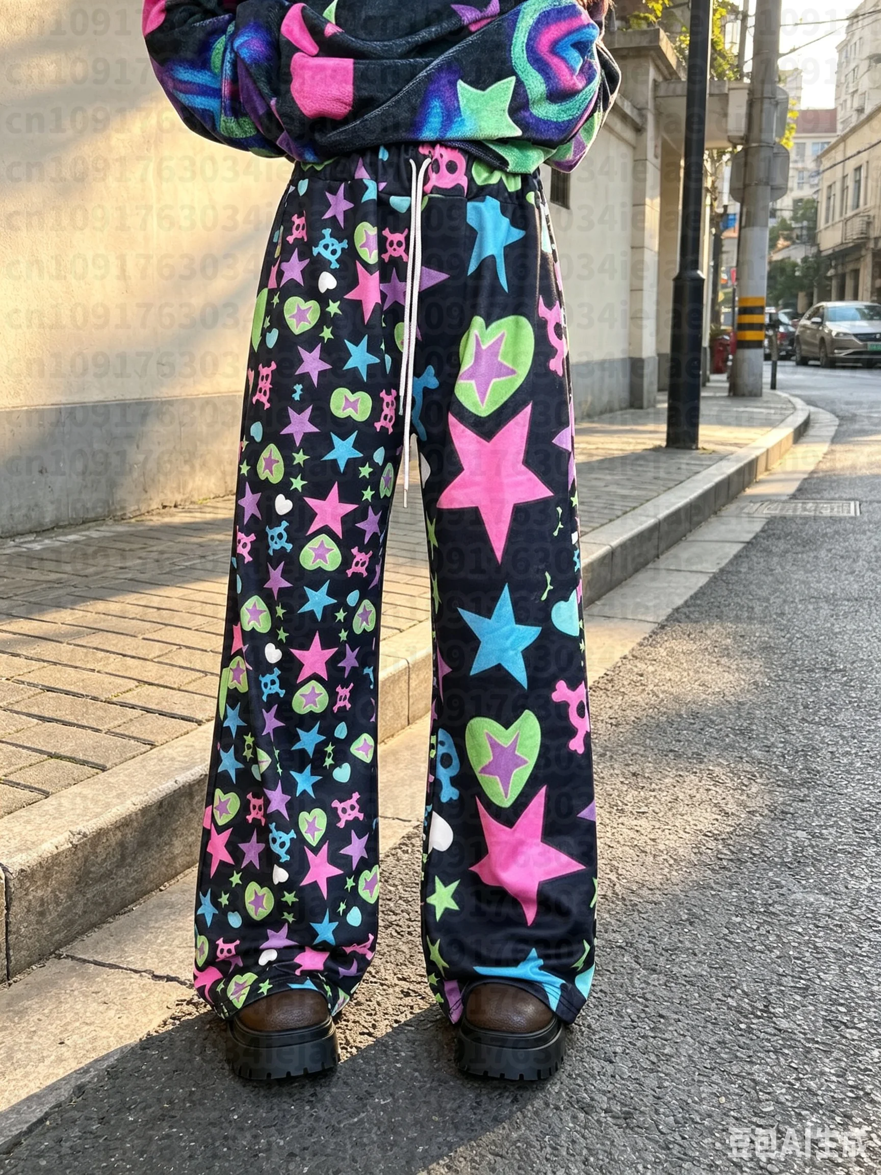 2026 Neue Schwarze Universum-Farbenstern-Hose Frühling Neue Süße Kawaii Kinder Y2k Harajuku-Stil Modische Spezielle Weite Hose – Detail 5
