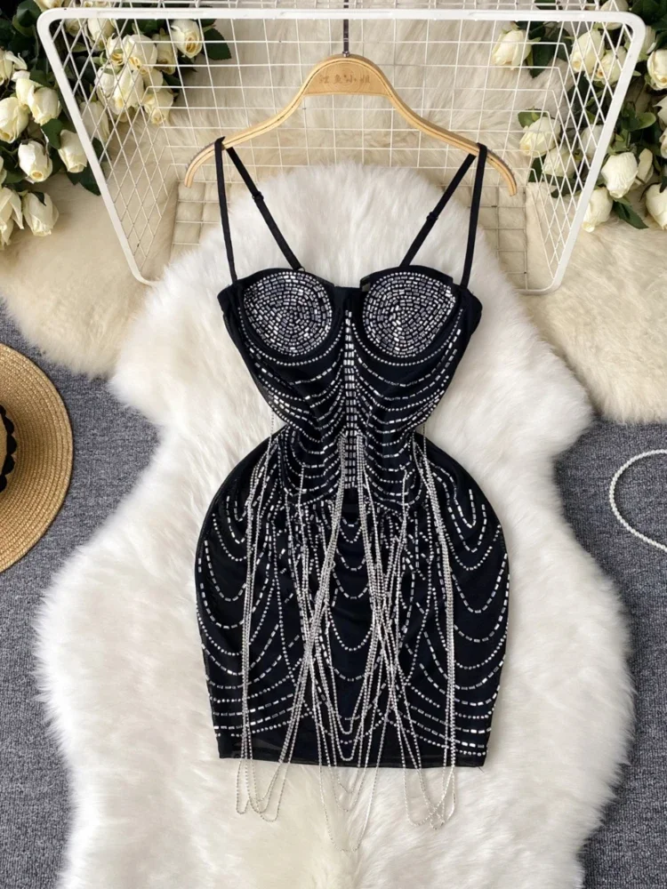 Sexy Club Party Dress Women Diamond Studded Chain Tassel Short Dresses Ladies Slim Vintage Black Mini Dress Robe Vestidos