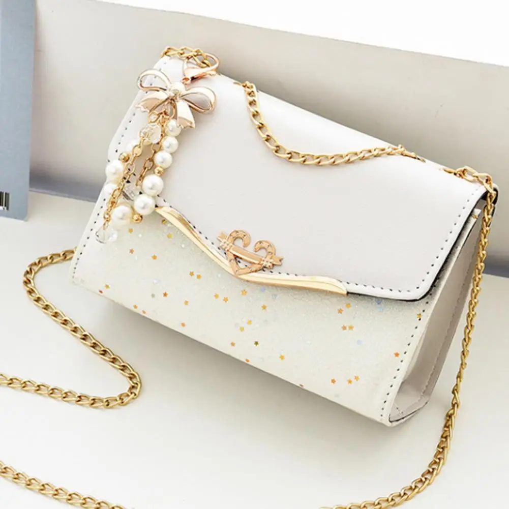 Women Shoulder Bag Faux Pearl Bow Pendant Decor Sequin Women Bag Hard Shell Faux Leather Crossbody Bag Commuting Sling Bags