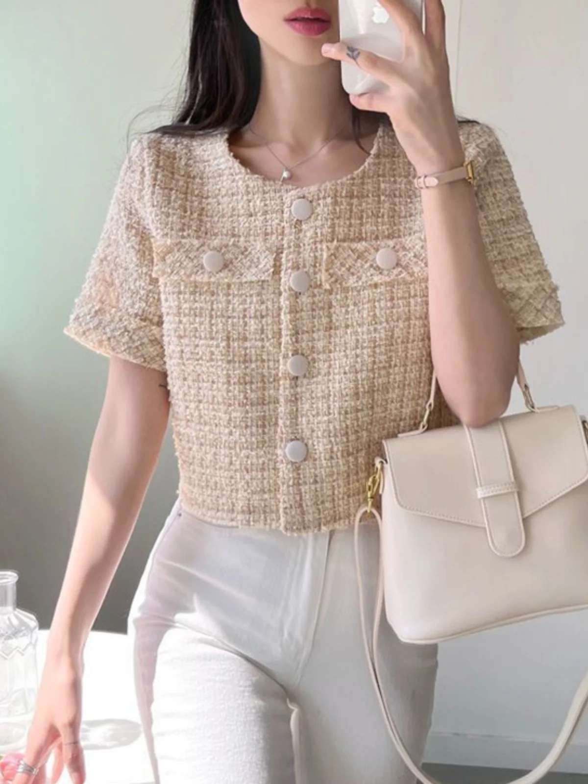 Ele ort Sve Jaet da donna Estate 2023 Design Sensation angFeng Sle round Ne Button up Capispalla