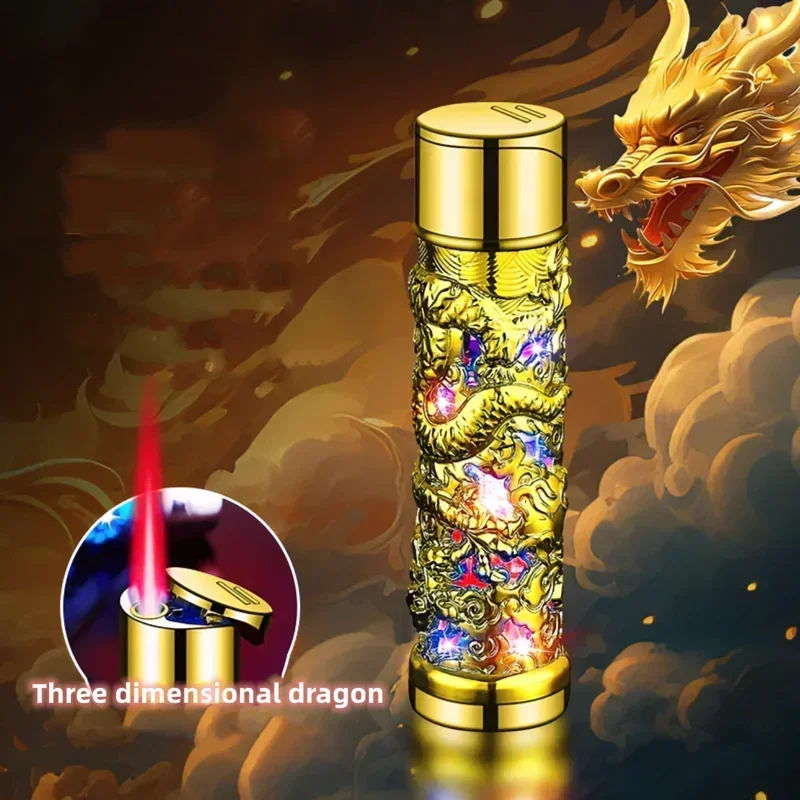 Metal 3D Embossed Relief Dragon Design Torch Lighter Refillable Butane Windproof Jet Red Flame Lighter for Gifts