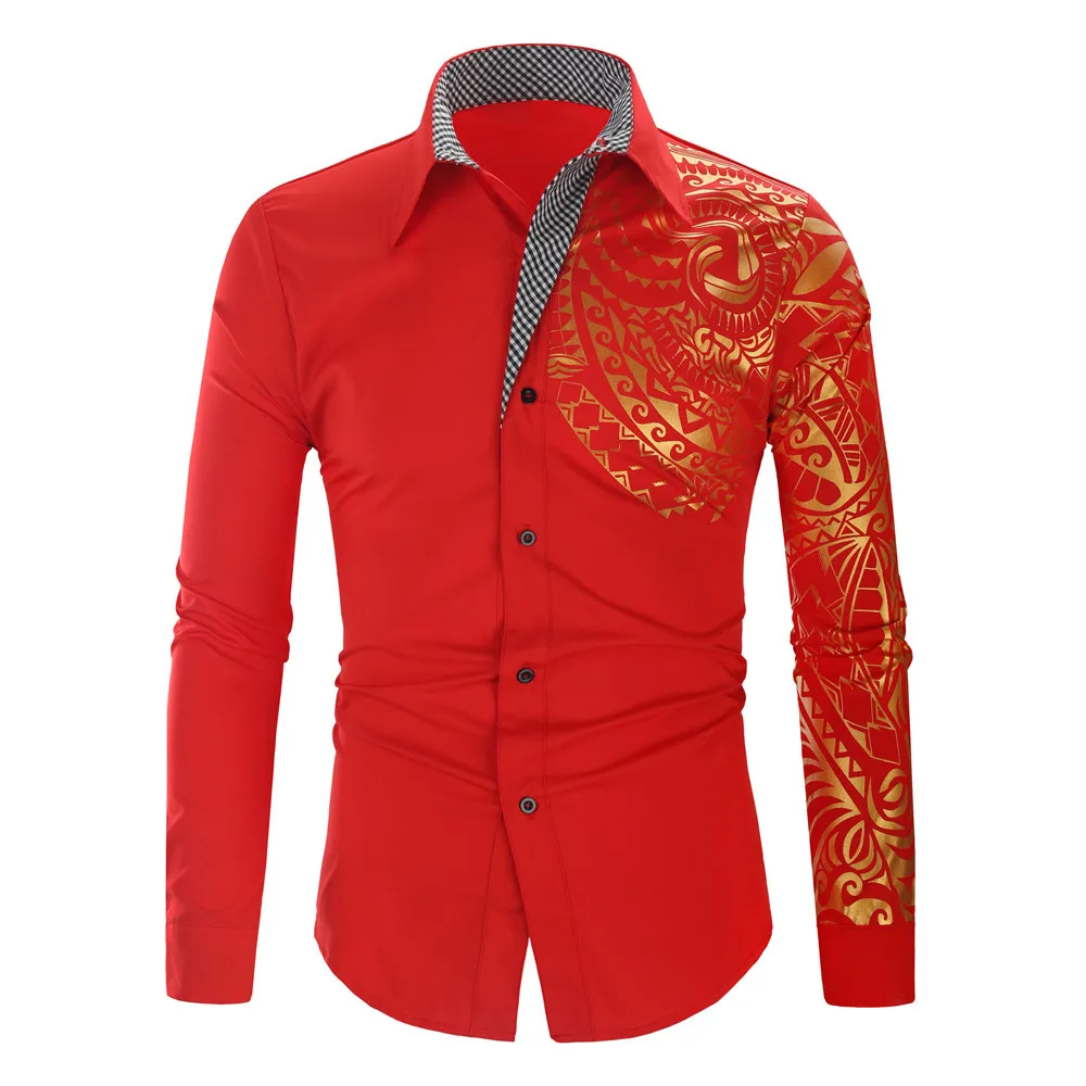 Camisa ajustada con estampado dorado para hombre, camisa informal de manga larga, moda coreana, ropa para hombre