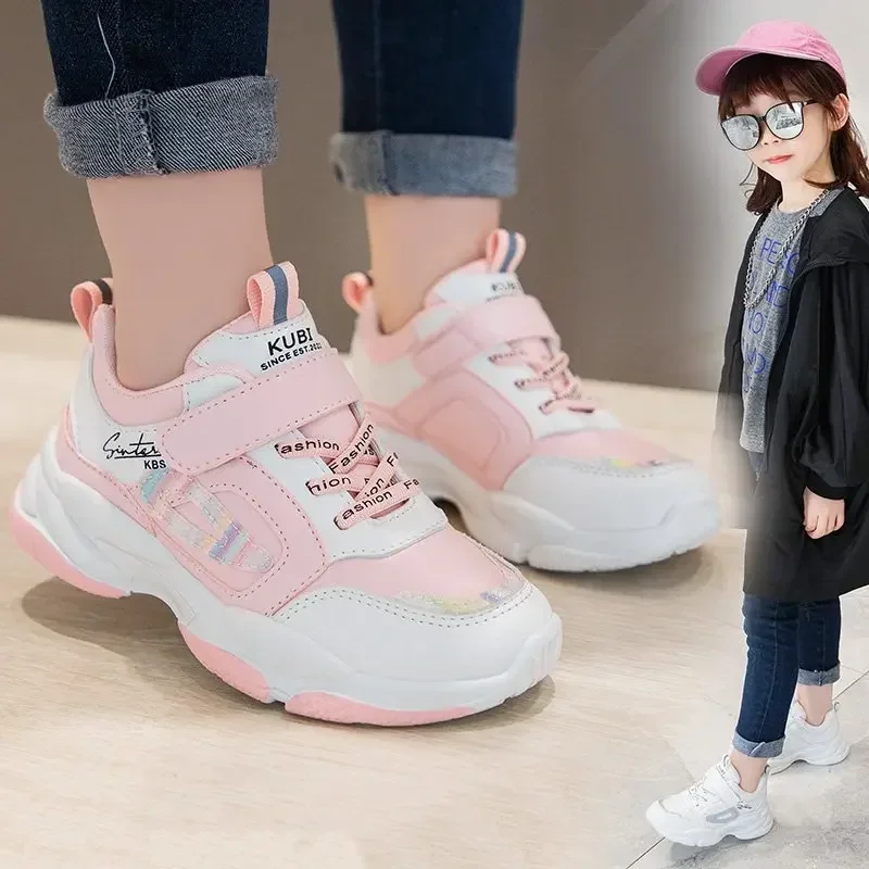 Rindu Spring New Children's Sports Shoes Girls' Leather Breathable Student Running Shoes Children's Lightweight Baby Shoes