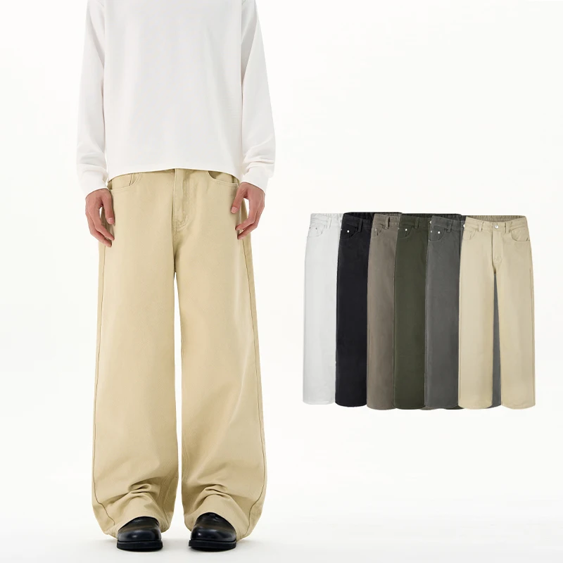 

Мужские свободные широкие джинсы из 100% чистого хлопка, однотонные модные уличные брюки из саржи, свободные повседневные джинсовые брюки, брюки высокого качества