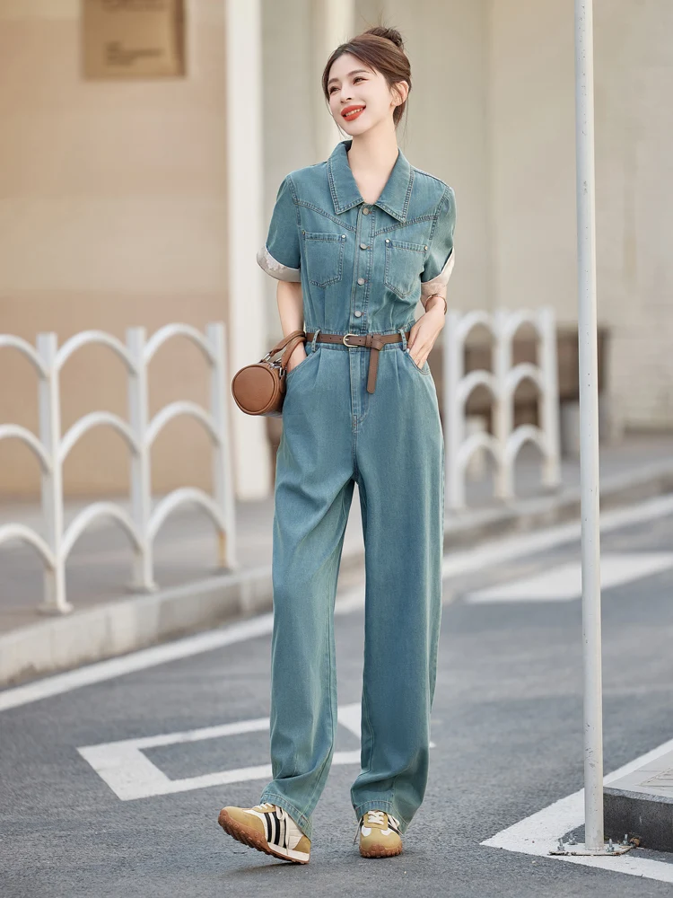 Fashionable Retro Denim Jumpsuit Women's Loose Slimming One-Piece Summer New Style High Waist Long Pants Trendy National Style