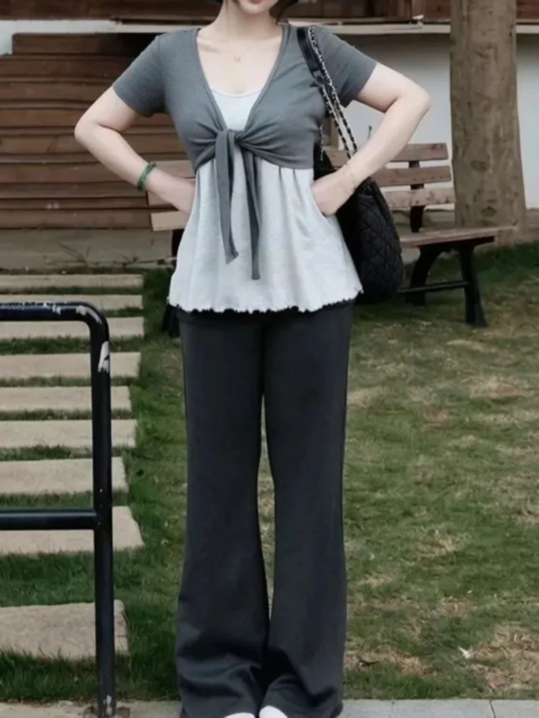 plus Size Korean Style V-Neck Short Sleeve Open Cardigan Summer New Slimming Grey Strap High Fashion Sense Fashion Set Women