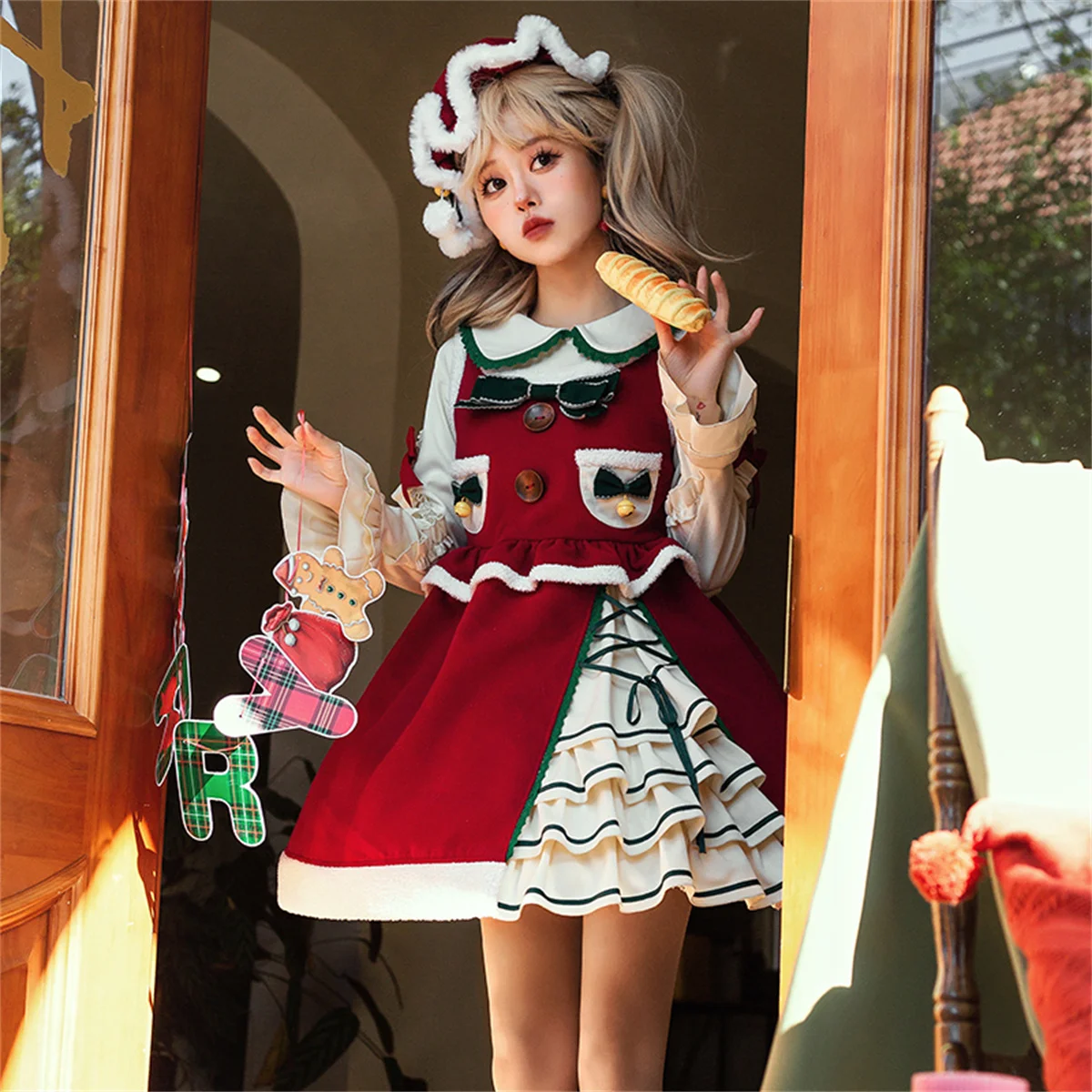 Sweet Style Lolita Op Kawaii Girls Cosplay Lorie Doll Collar Christmas Bow Button  Horn Sleeve  Plush Cloak  Bell Ruffle Dress